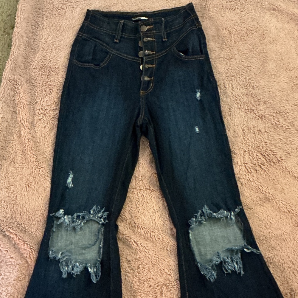 Fashion Nova Distressed Bellbottom Dark Blue Jeans Sz. 7